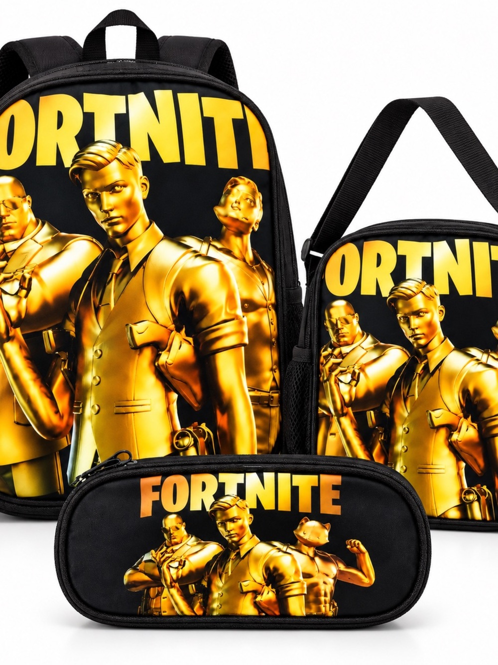 Fortnite 3 Piece Backpack Lunch Bag Pencil Case Set Black Gold New